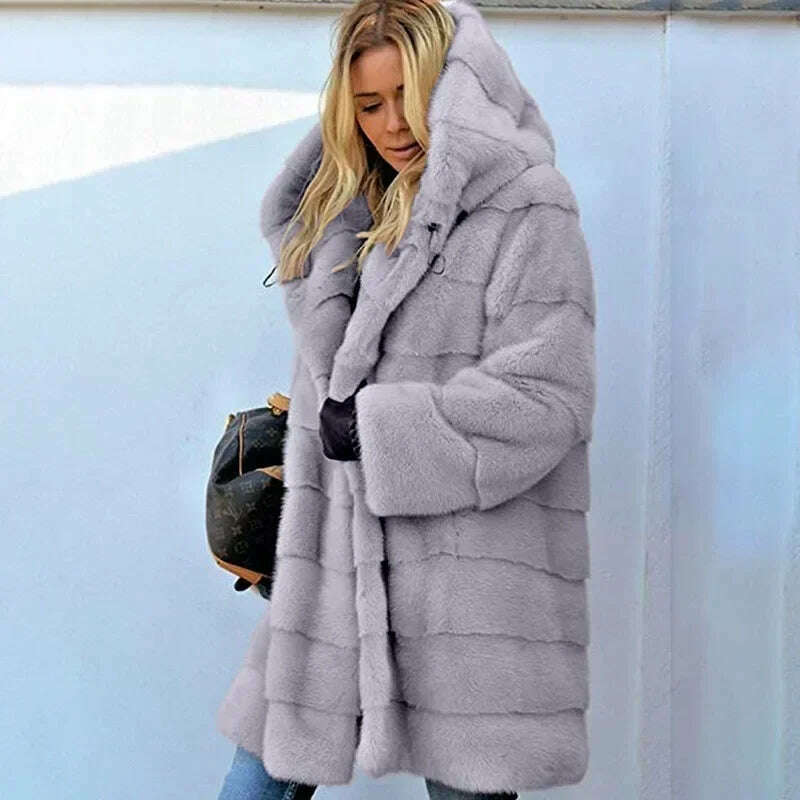 KIMLUD, Winter Women High Quality Faux Rabbit Fur Coat Luxury Long Fur Coat Loose Lapel OverCoat Thick Warm Female Plush Coats Black 6XL, GRAY / XXS, KIMLUD APPAREL - Womens Clothes