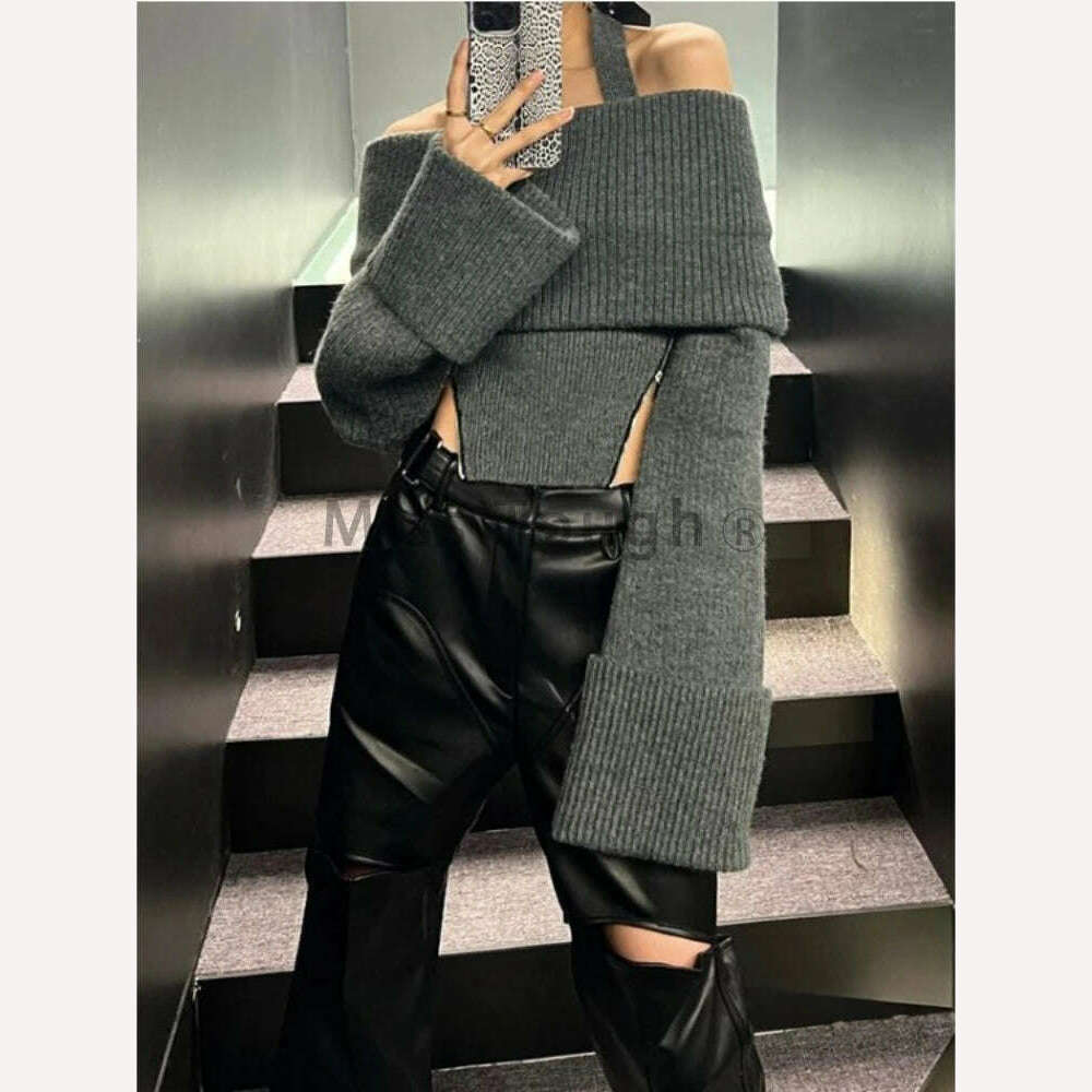 KIMLUD, Winter Y2k Elegant Knitted Pullovers Women Slash Neck Vintage Sexy Chic Sweaters Female Korean Fashion Slim Zipper Tops 2023 New, KIMLUD Womens Clothes