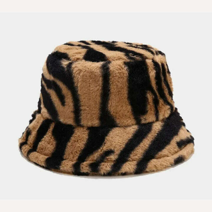 KIMLUD, Winter Zebra Pattern Faux Fur Fluffy Bucket Hats Women Outdoor Warm Sun Hat Soft Velvet Furly Fisherman Cap Lady Fashion Panama, Brown / 54-58cm, KIMLUD APPAREL - Womens Clothes