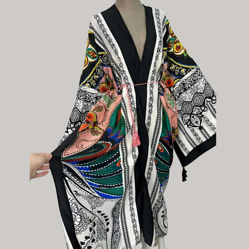 KIMLUD, WINYI Spring dress 2021 Women KIMONO Cardigan stitch robe Cocktail sexcy Boho Maxi African Holiday Batwing Sleeve Silk Robe, KIMLUD Womens Clothes