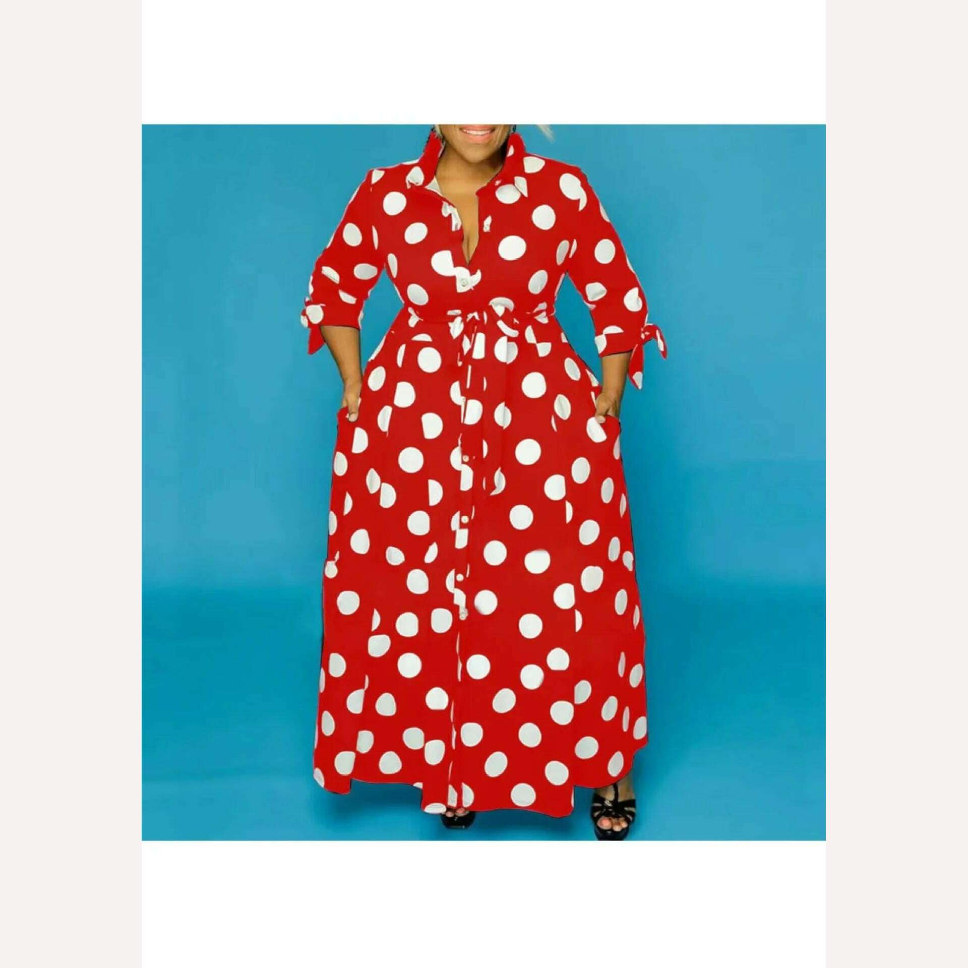 KIMLUD, Wmstar Plus Size Dresses for Women Dot Printed with Pockets Slashes Fashion Party Maxi Dress Hot Sale Wholesale Dropshipping, Red / 5XL, KIMLUD APPAREL - Womens Clothes