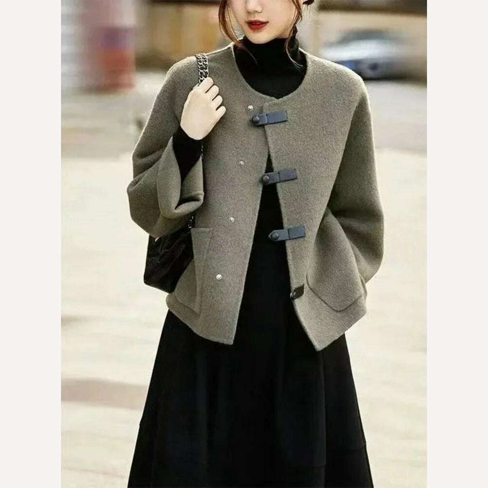 Woman Clothing 2023 Autumn Winter O Neck Solid Coat for Women Korean Fashion Tweed Jacket Temperament Single Breasted New Jacket - KIMLUD