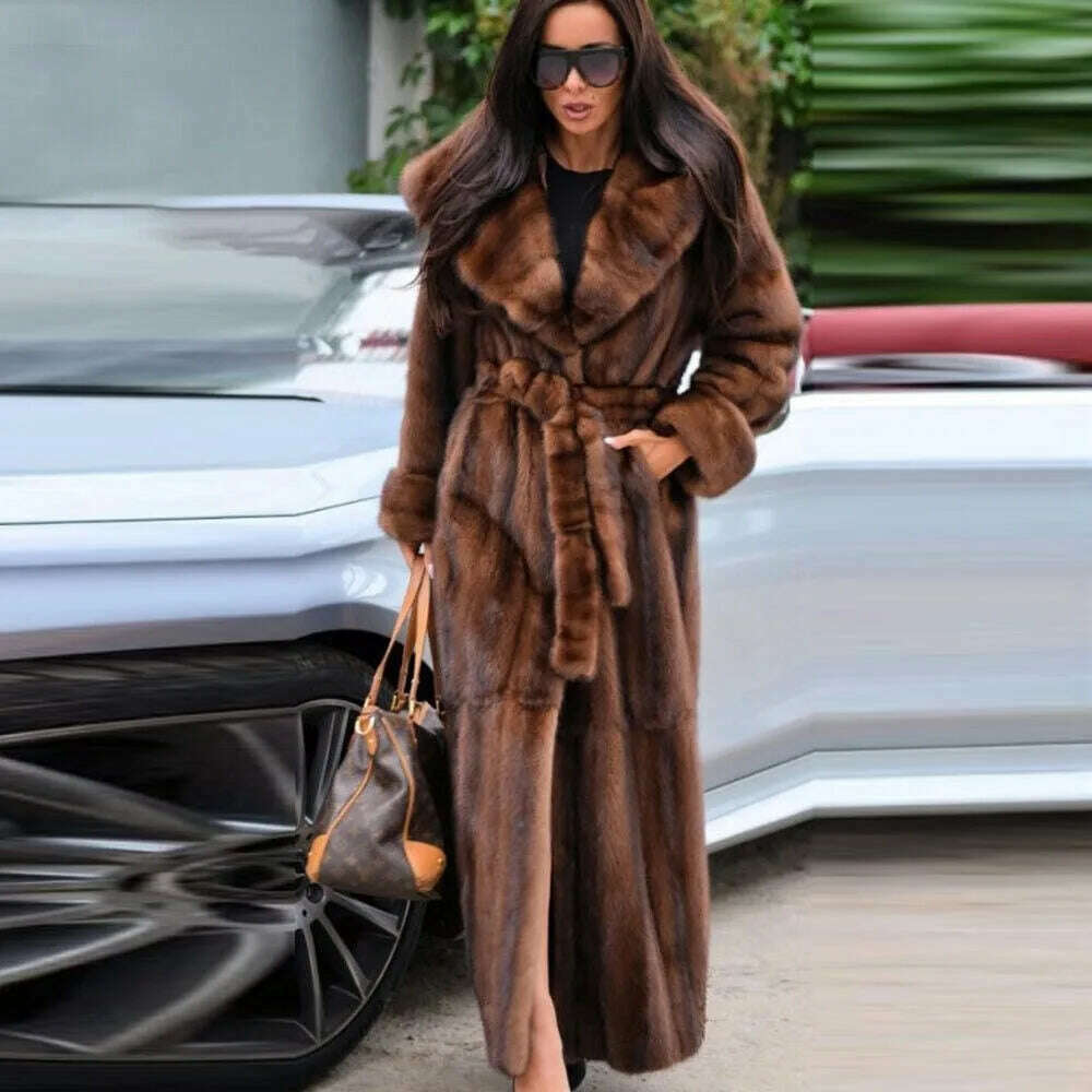 KIMLUD, Women 100% Real Mink Fur Coat Hooded Trench winter Warm Overcoat Long Jacket 120cm luxurious authentic outwear for lady female, as shown / L, KIMLUD APPAREL - Womens Clothes