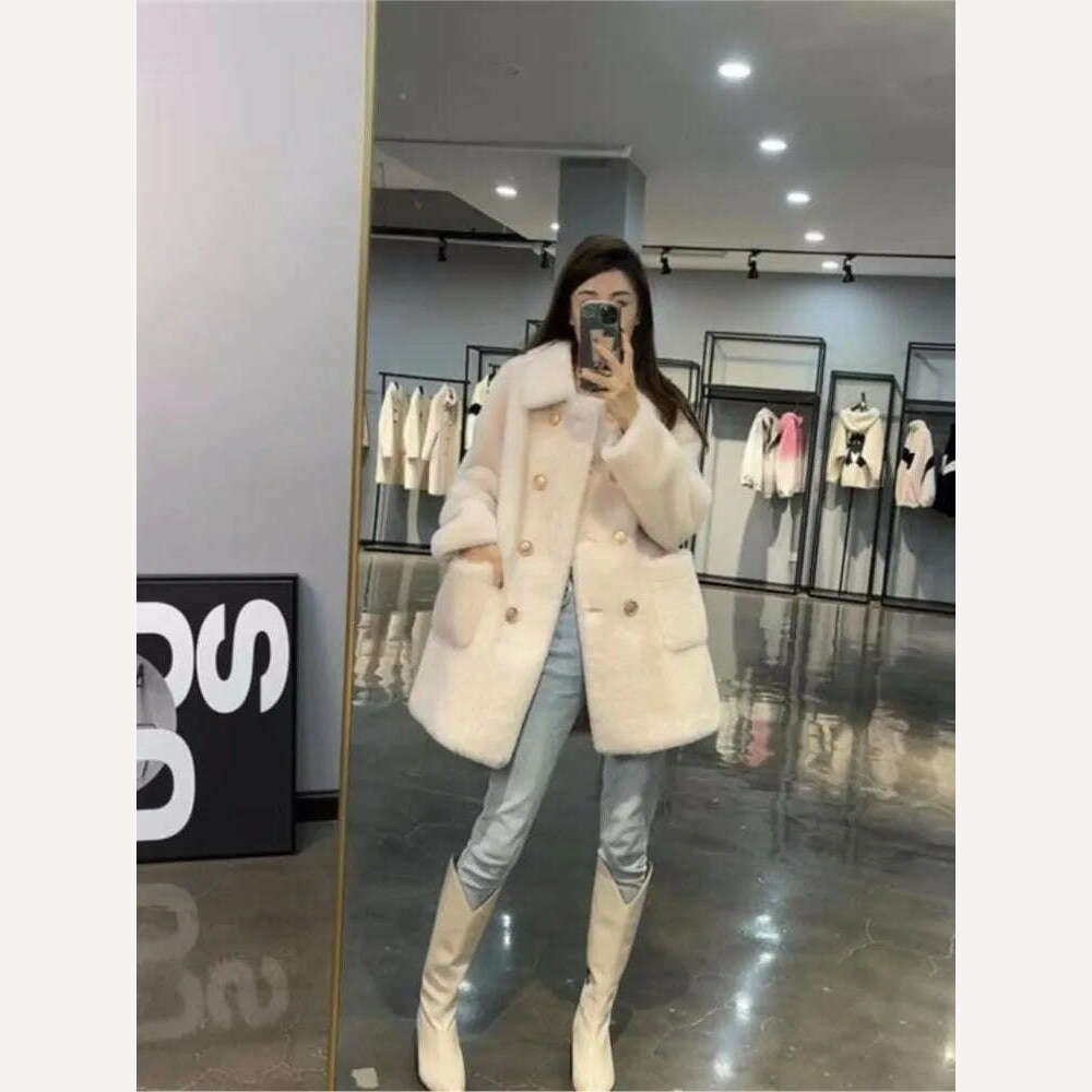 KIMLUD, Women 2022 Winter Fashion Double-breasted Warm Coats Female Genuine Lamb Fur Jackets Ladies Long Sheep Shearing Thick Overcoats, KIMLUD Womens Clothes