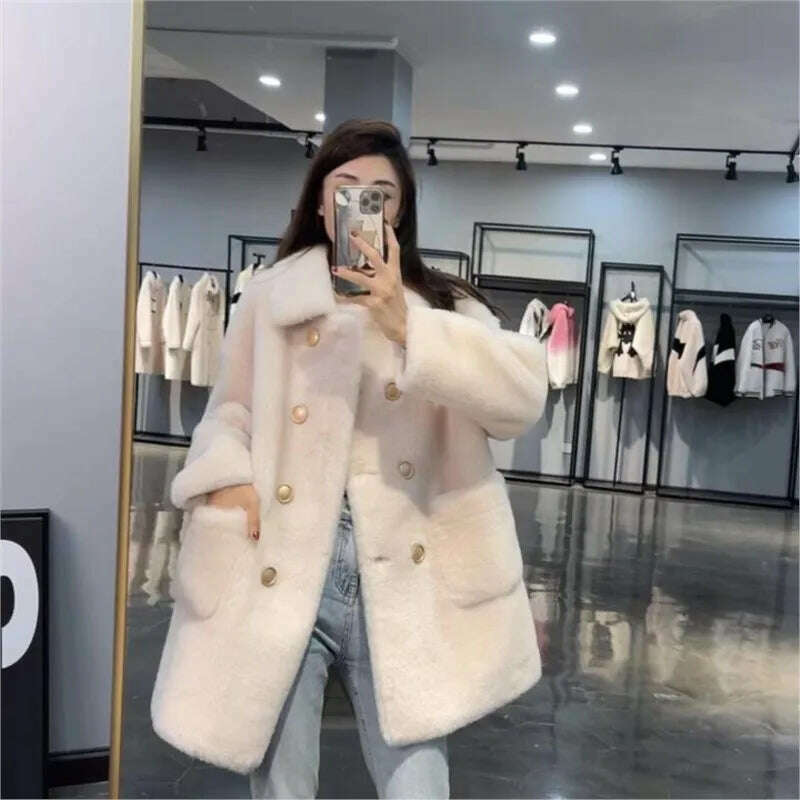 KIMLUD, Women 2022 Winter Fashion Double-breasted Warm Coats Female Genuine Lamb Fur Jackets Ladies Long Sheep Shearing Thick Overcoats, Beige / M, KIMLUD APPAREL - Womens Clothes