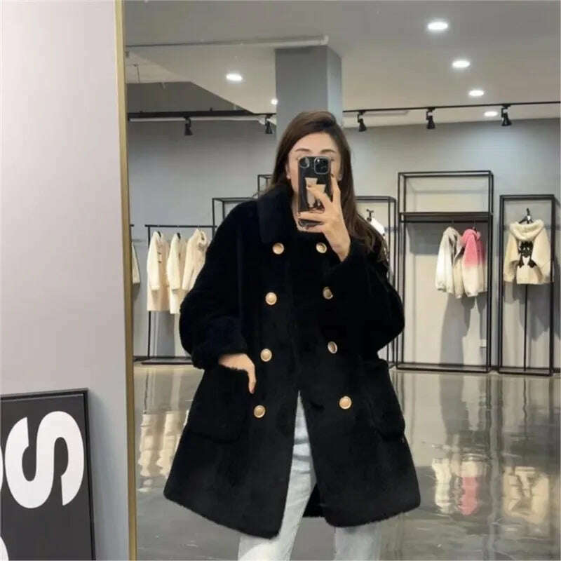 KIMLUD, Women 2022 Winter Fashion Double-breasted Warm Coats Female Genuine Lamb Fur Jackets Ladies Long Sheep Shearing Thick Overcoats, black / M, KIMLUD APPAREL - Womens Clothes