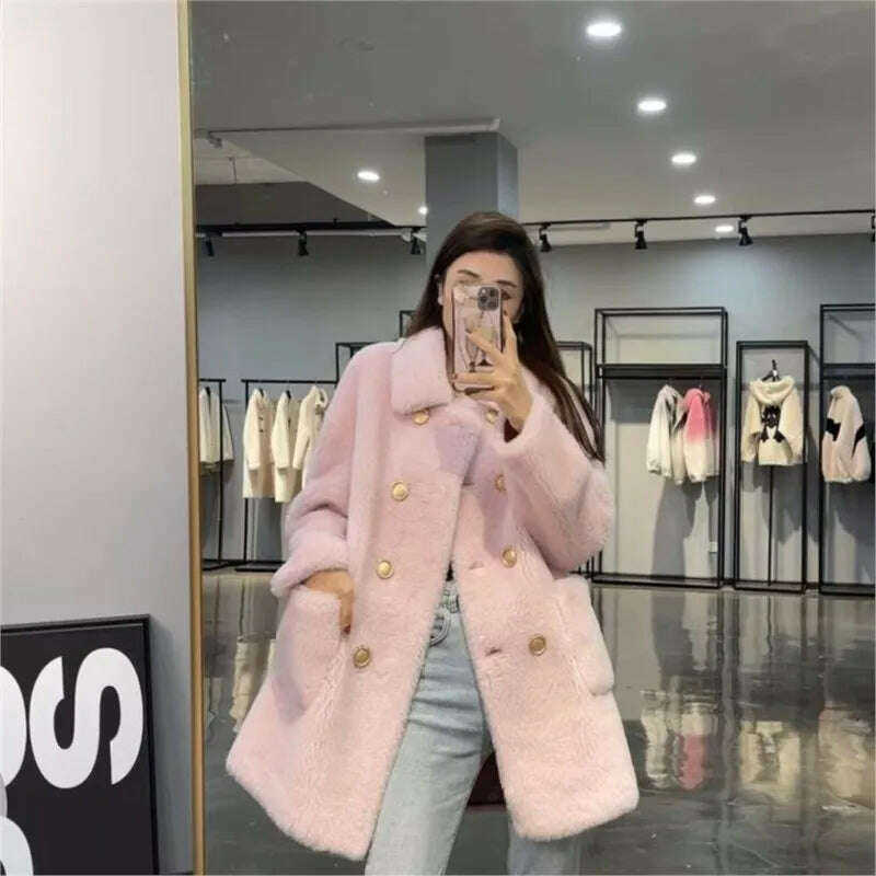 KIMLUD, Women 2022 Winter Fashion Double-breasted Warm Coats Female Genuine Lamb Fur Jackets Ladies Long Sheep Shearing Thick Overcoats, Pink / M, KIMLUD APPAREL - Womens Clothes