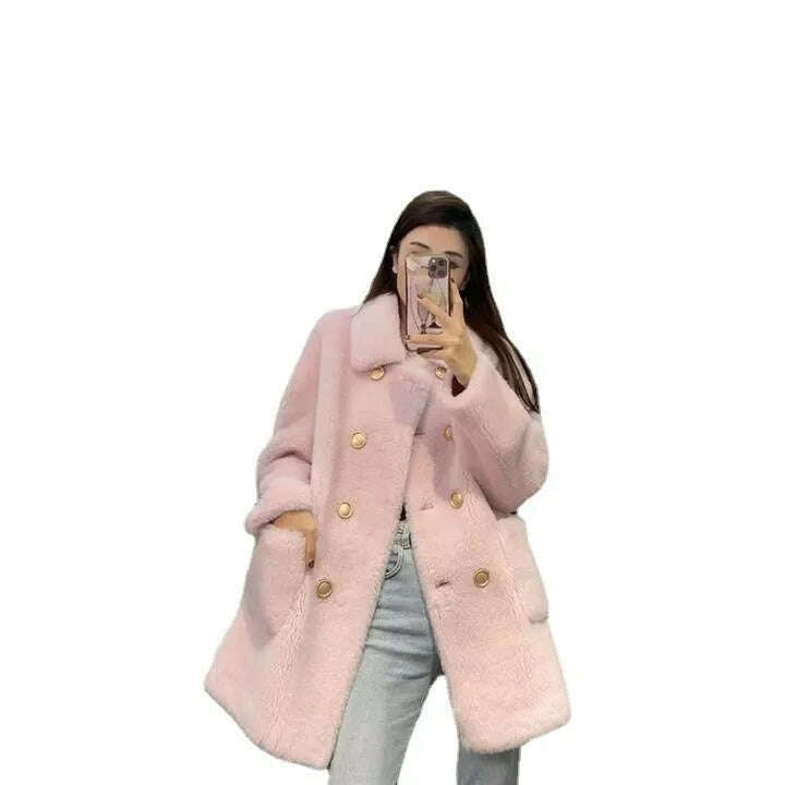 KIMLUD, Women 2022 Winter Fashion Double-breasted Warm Coats Female Genuine Lamb Fur Jackets Ladies Long Sheep Shearing Thick Overcoats, KIMLUD Womens Clothes