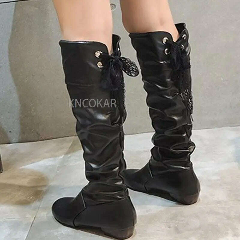 Women 2023 Spring Knee High Boots Red Black White Tall Boots Woman Pleated Low Heel Casual Leather Female Long Shoes - KIMLUD