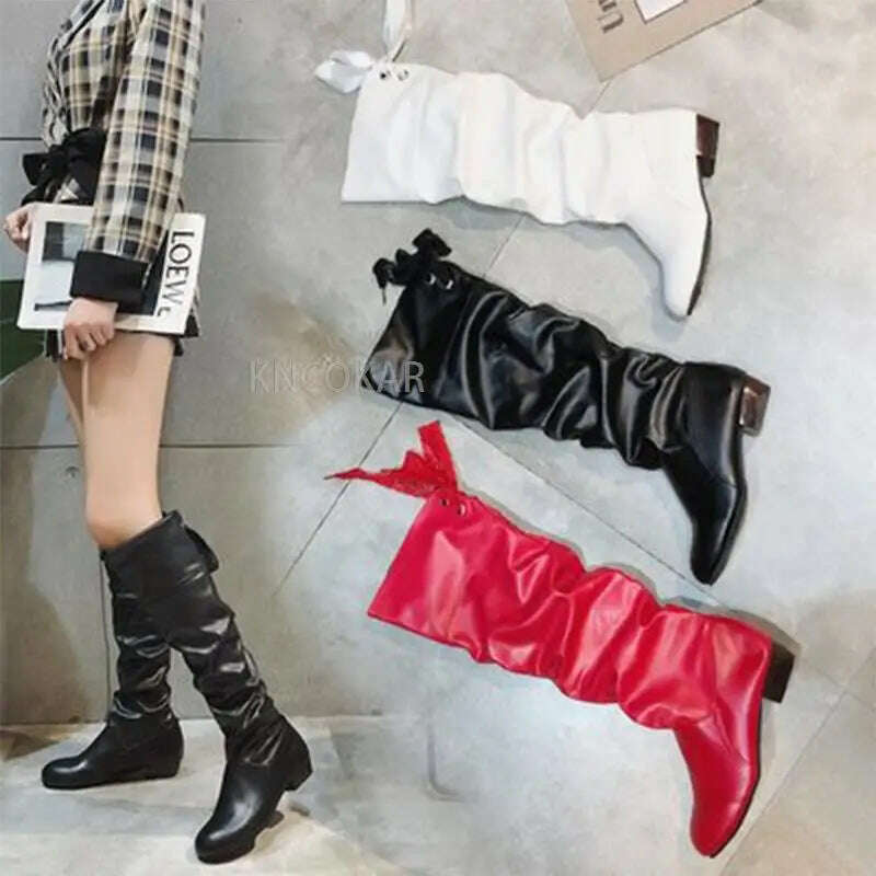 Women 2023 Spring Knee High Boots Red Black White Tall Boots Woman Pleated Low Heel Casual Leather Female Long Shoes - KIMLUD