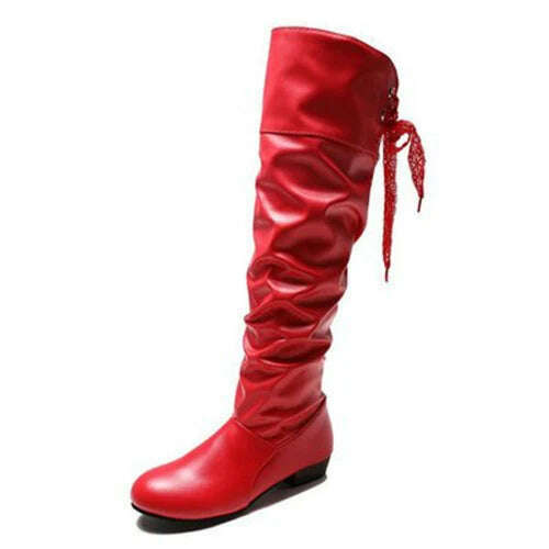 Women 2023 Spring Knee High Boots Red Black White Tall Boots Woman Pleated Low Heel Casual Leather Female Long Shoes - KIMLUD