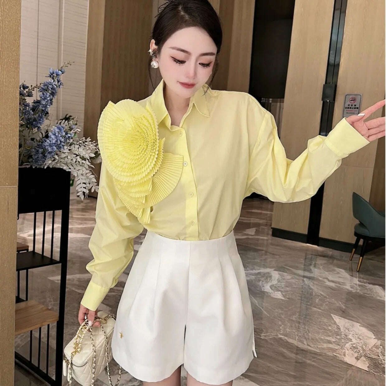 KIMLUD, Women 3D Ruched Large Flowers Shirts Long Sleeved Luxury Pleated Floral Blouses Streetwear Single Breasted Cardigan Tops Blusas, Yellow / S, KIMLUD APPAREL - Womens Clothes