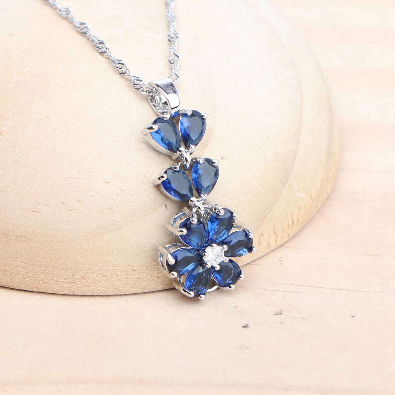 Women 925 Silver Bridal Jewelry Sets Blue Cubic Zirconia Wedding Earrings Rings Bracelets Pendant Necklace Set - KIMLUD