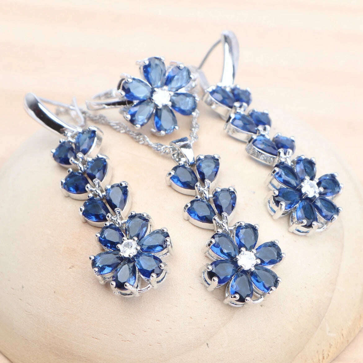 Women 925 Silver Bridal Jewelry Sets Blue Cubic Zirconia Wedding Earrings Rings Bracelets Pendant Necklace Set - KIMLUD