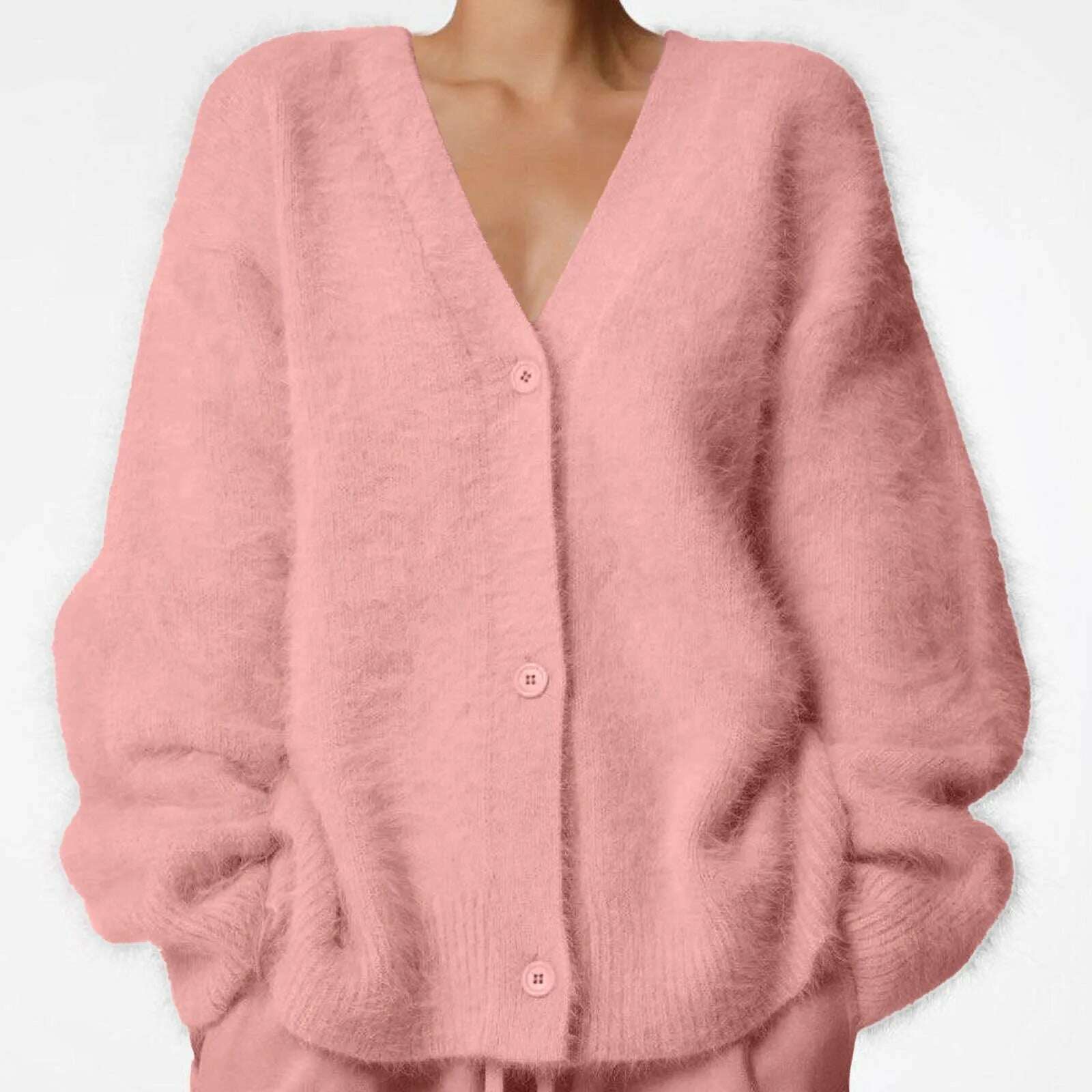 KIMLUD, Women Autumn Winter Sweater Cardigan Fashion Solid Knitted Loose Long Sleeve Cardigan Ladies Soft Fleece Jacket Cardigan Tops, Pink / S / United States, KIMLUD APPAREL - Womens Clothes