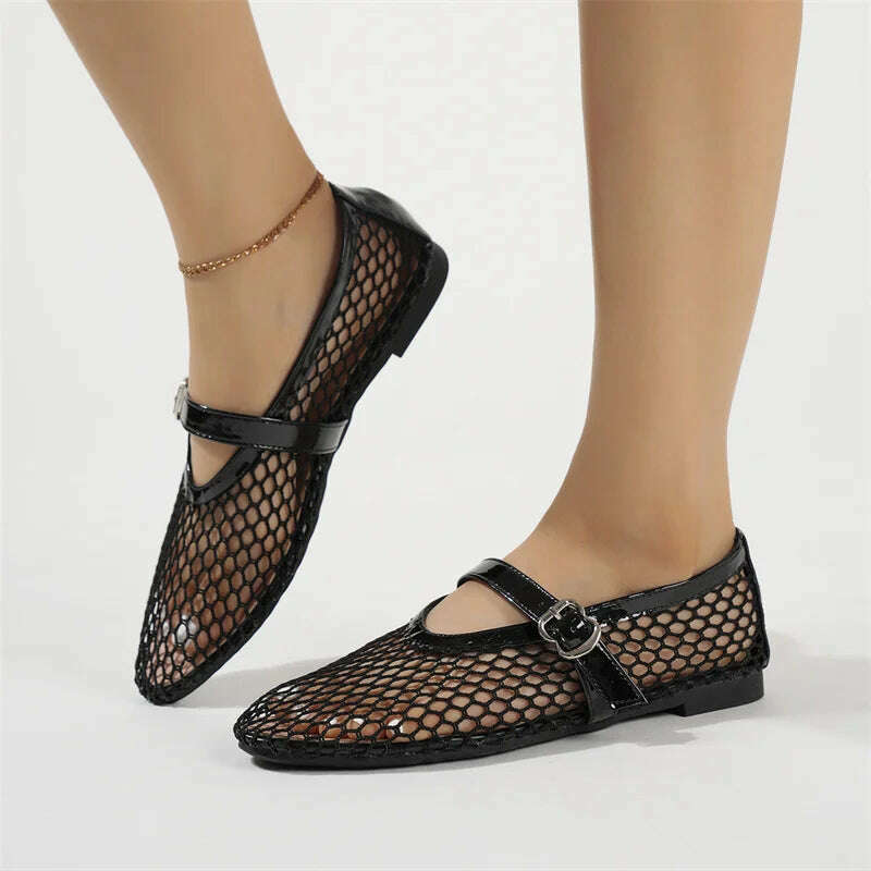 KIMLUD, Women Ballet Flat Shoes Mesh Hollowed Out Sandals Summer Breathable Mary Jane Ladies Casual Fashion Buckle Big Size Single Shoes, KIMLUD Womens Clothes