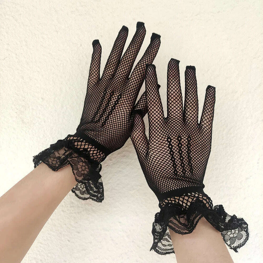 Women Black White Summer Uv-proof Driving Gloves Female Thin Fishnet Mesh Gloves Fashion Ruffle Full Finger Lace Mittens - KIMLUD