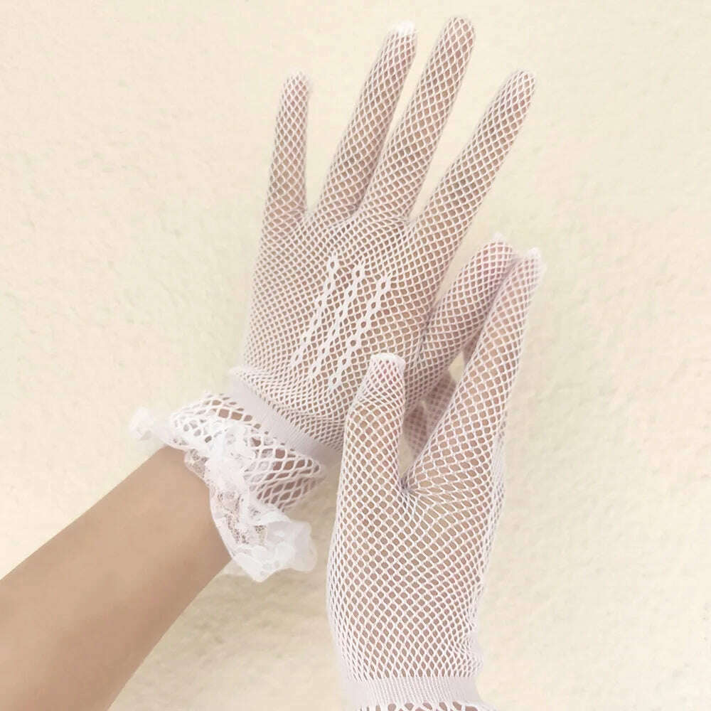 KIMLUD, Women Black White Summer Uv-proof Driving Gloves Female Thin Fishnet Mesh Gloves Fashion Ruffle Full Finger Lace Mittens, KIMLUD Womens Clothes