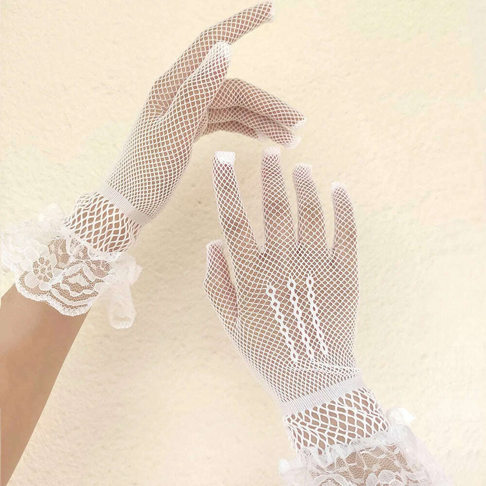 KIMLUD, Women Black White Summer Uv-proof Driving Gloves Female Thin Fishnet Mesh Gloves Fashion Ruffle Full Finger Lace Mittens, KIMLUD Womens Clothes