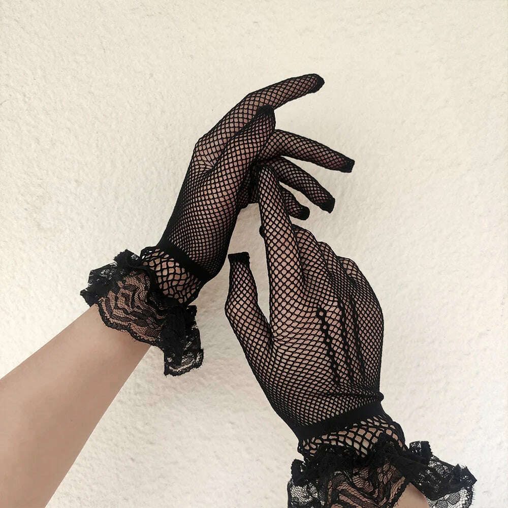 Women Black White Summer Uv-proof Driving Gloves Female Thin Fishnet Mesh Gloves Fashion Ruffle Full Finger Lace Mittens - KIMLUD