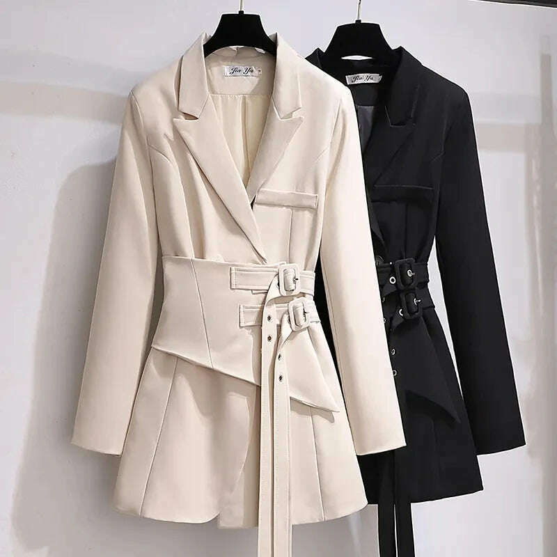 KIMLUD, Women Blazer 2023 Autumn Women Clothing Belt Coats Long Sleeve Jacket Women Irregular Suit Dress for Women OL Solid Blazer Femme, KIMLUD Womens Clothes