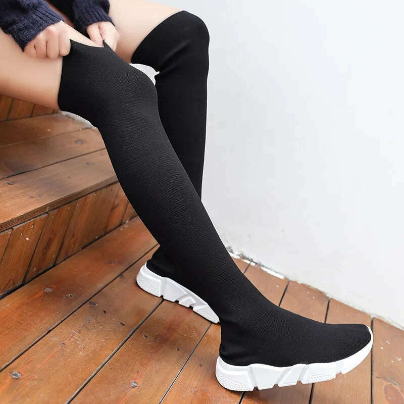 KIMLUD, Women Boots Over the Knee Socks Shoes 2020 New Female Fashion Flat Shoes Autumn Winter long Boot for Women Body Shaping Sneakers, BlackWhite / 35, KIMLUD APPAREL - Womens Clothes