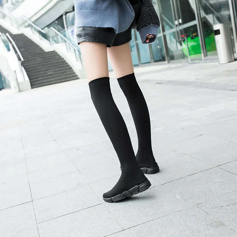 KIMLUD, Women Boots Over the Knee Socks Shoes 2020 New Female Fashion Flat Shoes Autumn Winter long Boot for Women Body Shaping Sneakers, FullBlack / 36, KIMLUD APPAREL - Womens Clothes