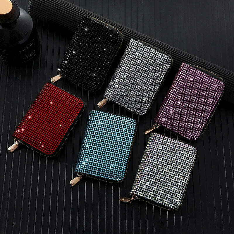 Women Card Storage Bag Stylish Coin Purse Rhinestone Small Wallet for Women Zipper Change Card Holder Wallets - KIMLUD