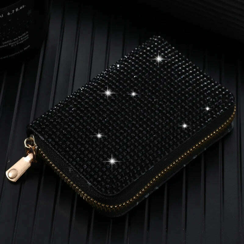 KIMLUD, Women Card Storage Bag Stylish Coin Purse Rhinestone Small Wallet for Women Zipper Change Card Holder Wallets, Black, KIMLUD APPAREL - Womens Clothes