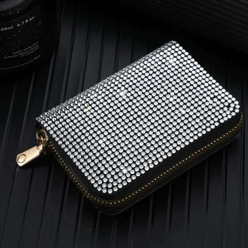 Women Card Storage Bag Stylish Coin Purse Rhinestone Small Wallet for Women Zipper Change Card Holder Wallets - KIMLUD