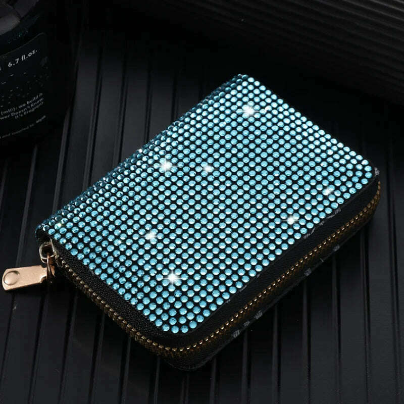 KIMLUD, Women Card Storage Bag Stylish Coin Purse Rhinestone Small Wallet for Women Zipper Change Card Holder Wallets, Lake Blue, KIMLUD APPAREL - Womens Clothes