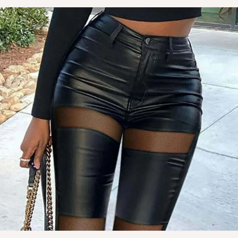 Women Casual High Waist Mesh PU Leather Patchwork Skinny Black Pencil Pants - KIMLUD