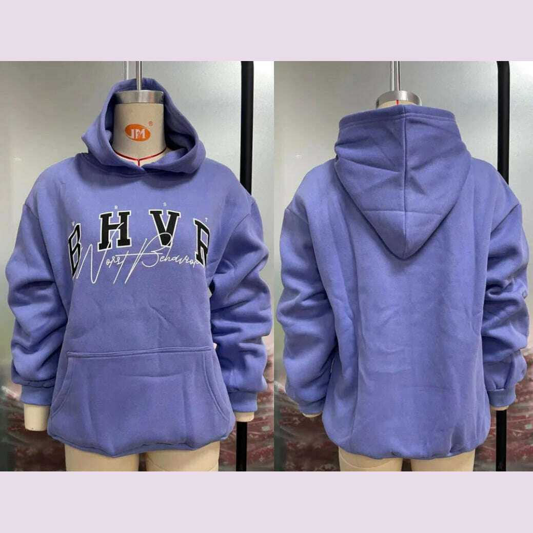 Women Casual Hoodie BHVR Game Letter Printing Plus Velvet Warm Long Sleeve Streetwear Sweater In Autumn Winter Grunge Oversized - KIMLUD