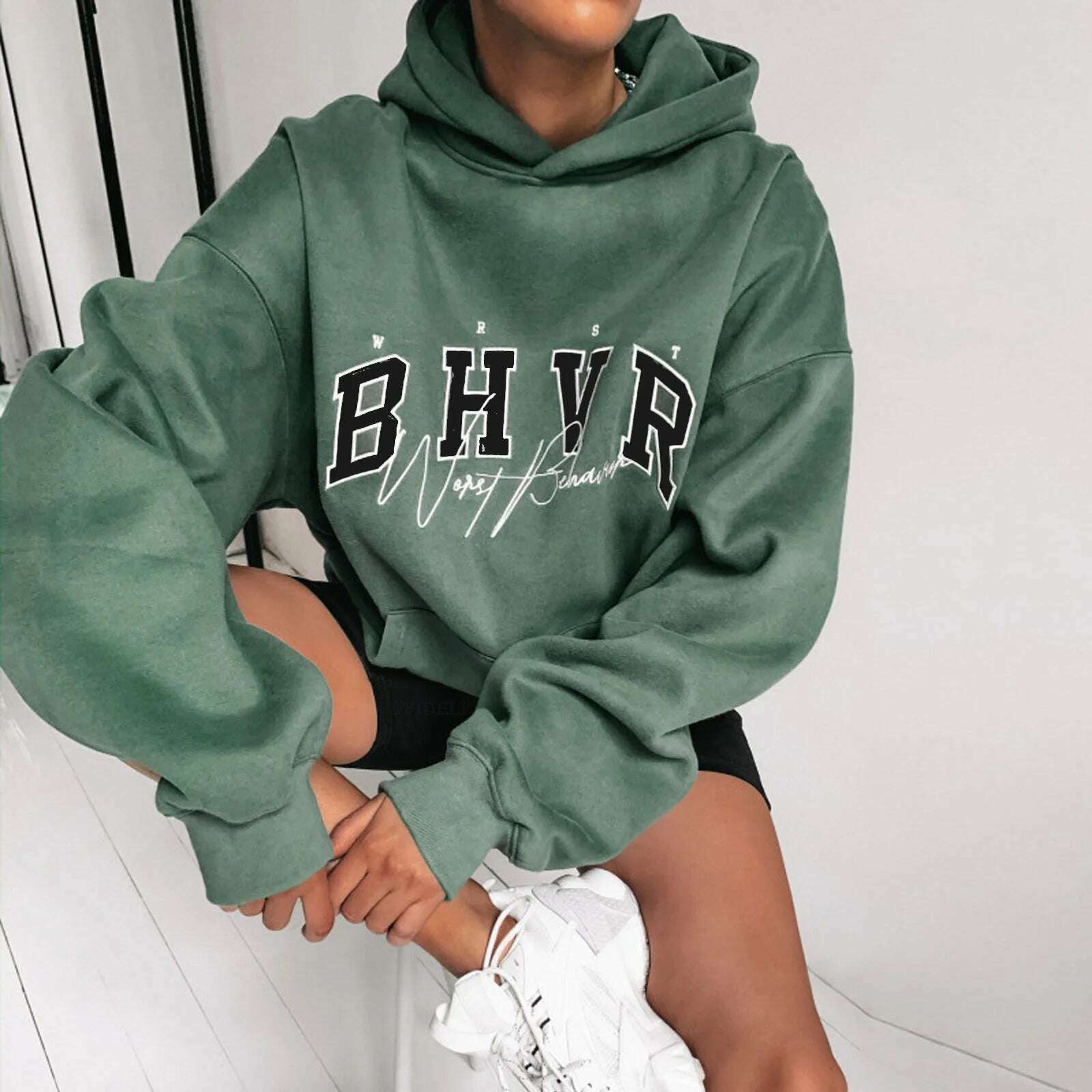 Women Casual Hoodie BHVR Game Letter Printing Plus Velvet Warm Long Sleeve Streetwear Sweater In Autumn Winter Grunge Oversized - KIMLUD