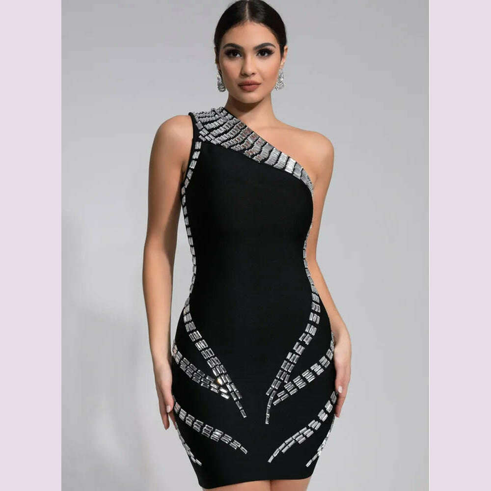 Women Celebrity Sexy One Shoulder Crystal Diamonds Black Mini Bandage Dress 2024 Knitted Elegant Evening Club Party Outfit - KIMLUD