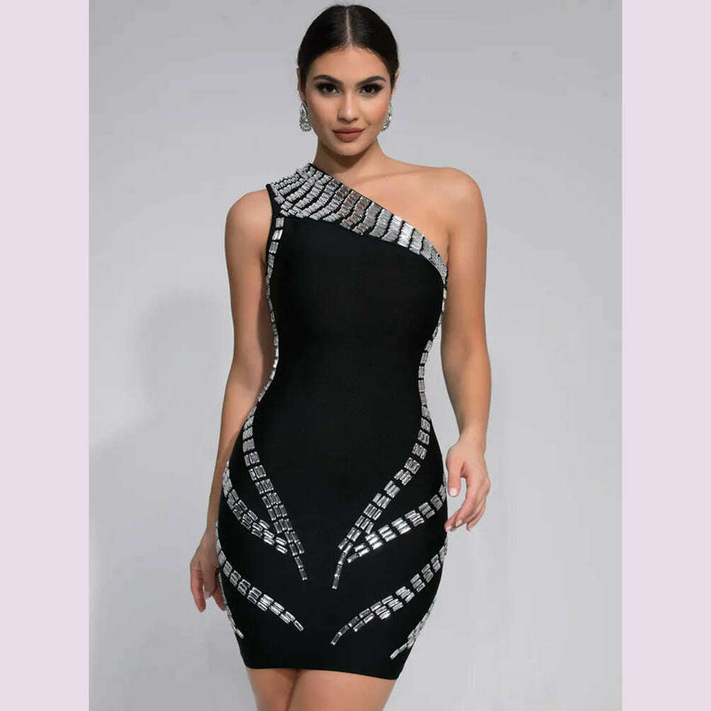 KIMLUD, Women Celebrity Sexy One Shoulder Crystal Diamonds Black Mini Bandage Dress 2024 Knitted Elegant Evening Club Party Outfit, KIMLUD Womens Clothes