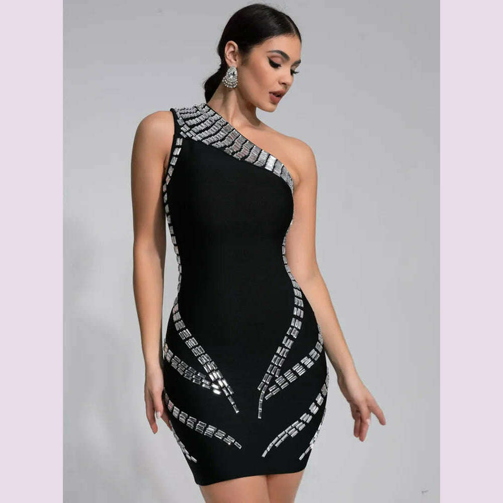 KIMLUD, Women Celebrity Sexy One Shoulder Crystal Diamonds Black Mini Bandage Dress 2024 Knitted Elegant Evening Club Party Outfit, KIMLUD Womens Clothes