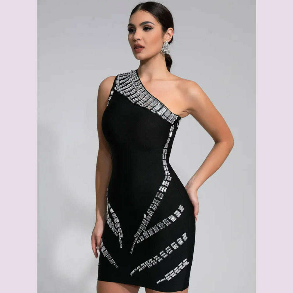 Women Celebrity Sexy One Shoulder Crystal Diamonds Black Mini Bandage Dress 2024 Knitted Elegant Evening Club Party Outfit - KIMLUD