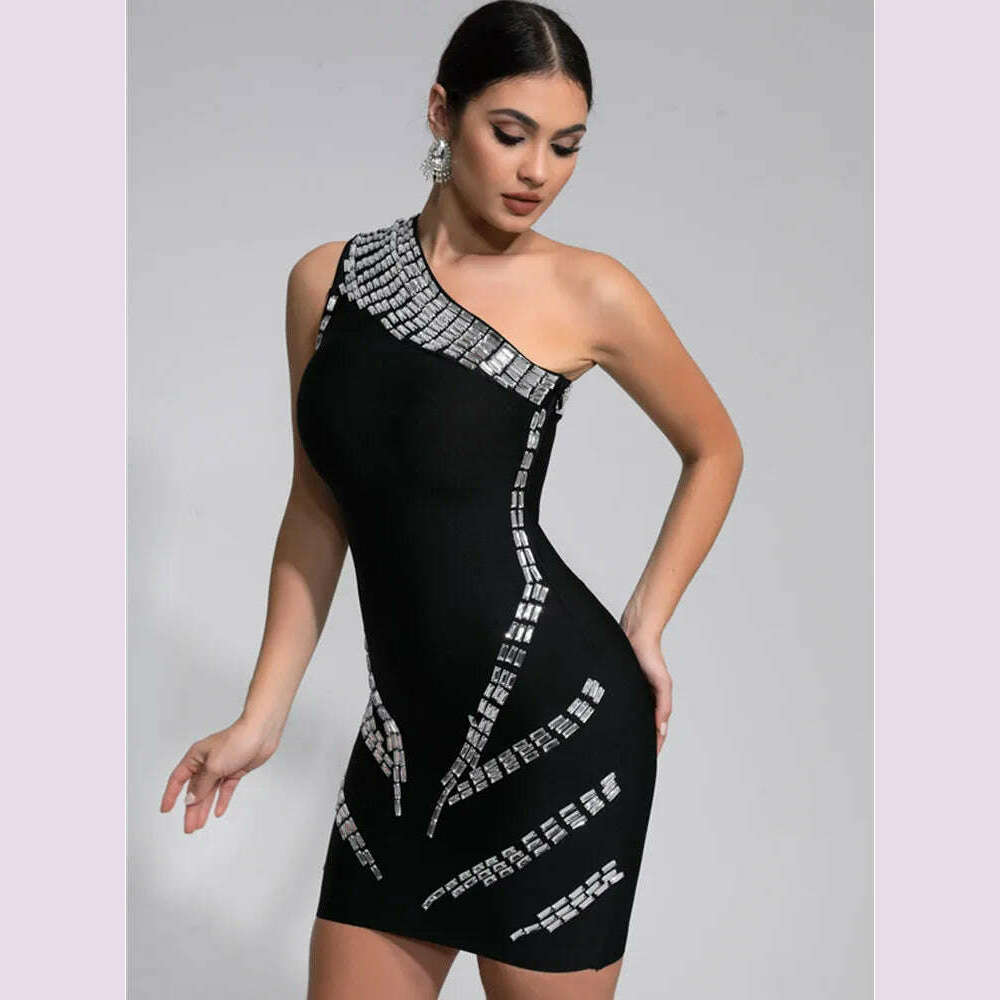 KIMLUD, Women Celebrity Sexy One Shoulder Crystal Diamonds Black Mini Bandage Dress 2024 Knitted Elegant Evening Club Party Outfit, KIMLUD Womens Clothes