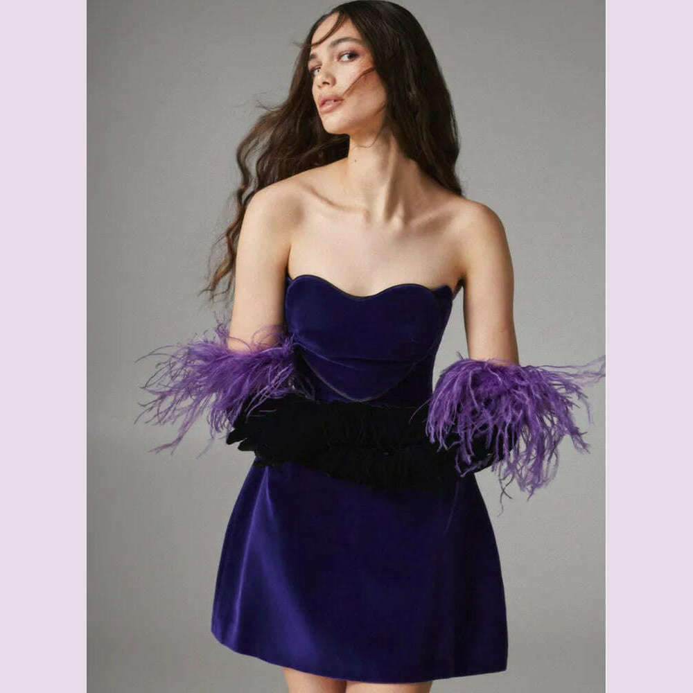 Women Celebrity Sexy Strapaless Backless Velvet Purple Heart Mini Bodycon A Line Dress 2024 Elegant Evening Club Party Outfit - KIMLUD