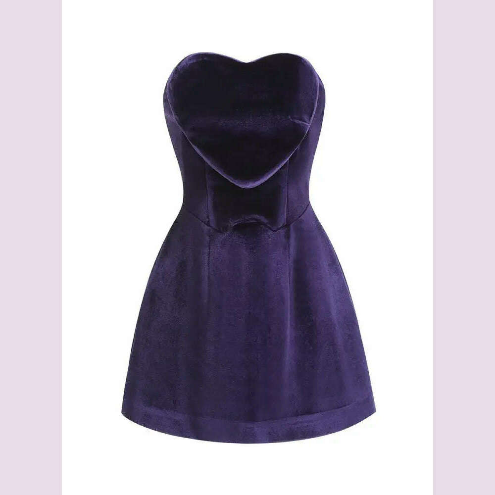 Women Celebrity Sexy Strapaless Backless Velvet Purple Heart Mini Bodycon A Line Dress 2024 Elegant Evening Club Party Outfit - KIMLUD