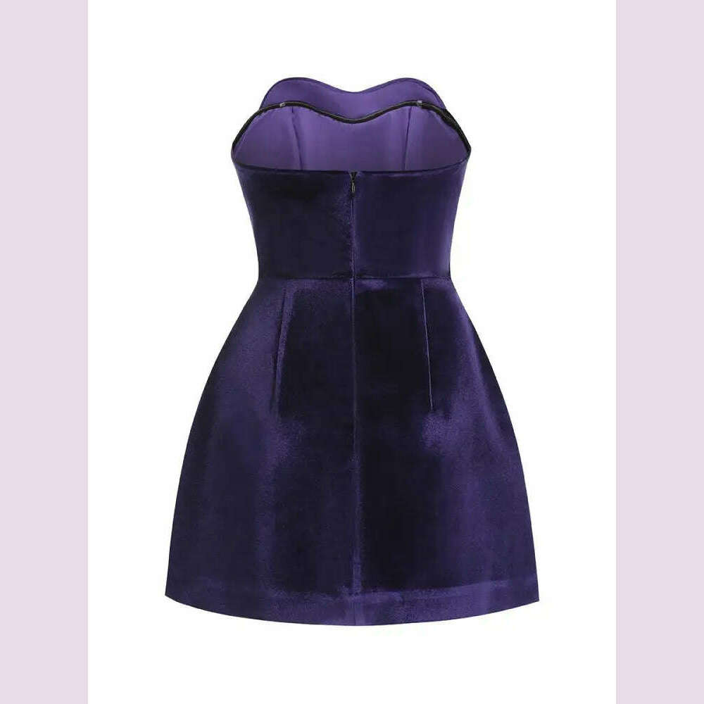 Women Celebrity Sexy Strapaless Backless Velvet Purple Heart Mini Bodycon A Line Dress 2024 Elegant Evening Club Party Outfit - KIMLUD