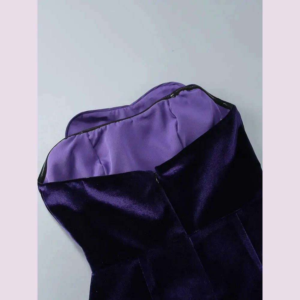 KIMLUD, Women Celebrity Sexy Strapaless Backless Velvet Purple Heart Mini Bodycon A Line Dress 2024 Elegant Evening Club Party Outfit, KIMLUD Womens Clothes