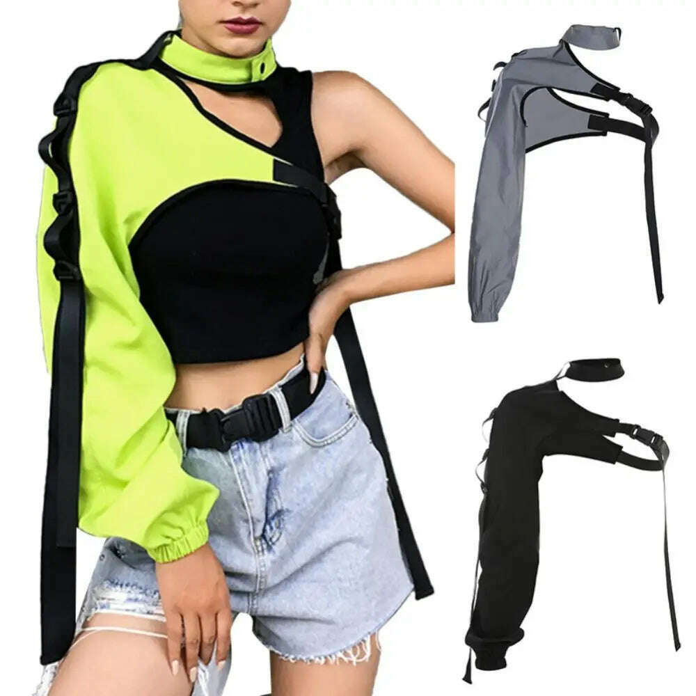 Women Chic Choker One Long Sleeve Strap Buckle Reflective Halter Smock Blouse Female Clothing - KIMLUD