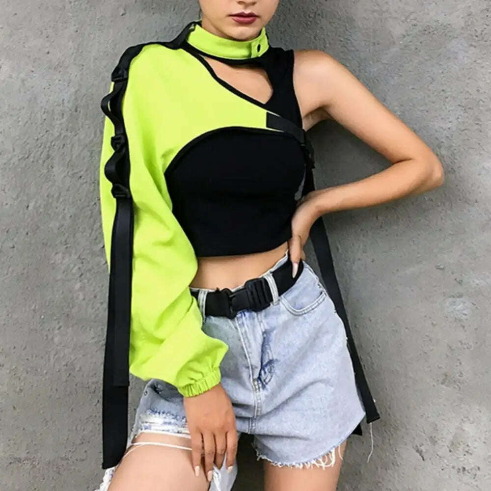 KIMLUD, Women Chic Choker One Long Sleeve Strap Buckle Reflective Halter Smock Blouse Female Clothing, KIMLUD Womens Clothes