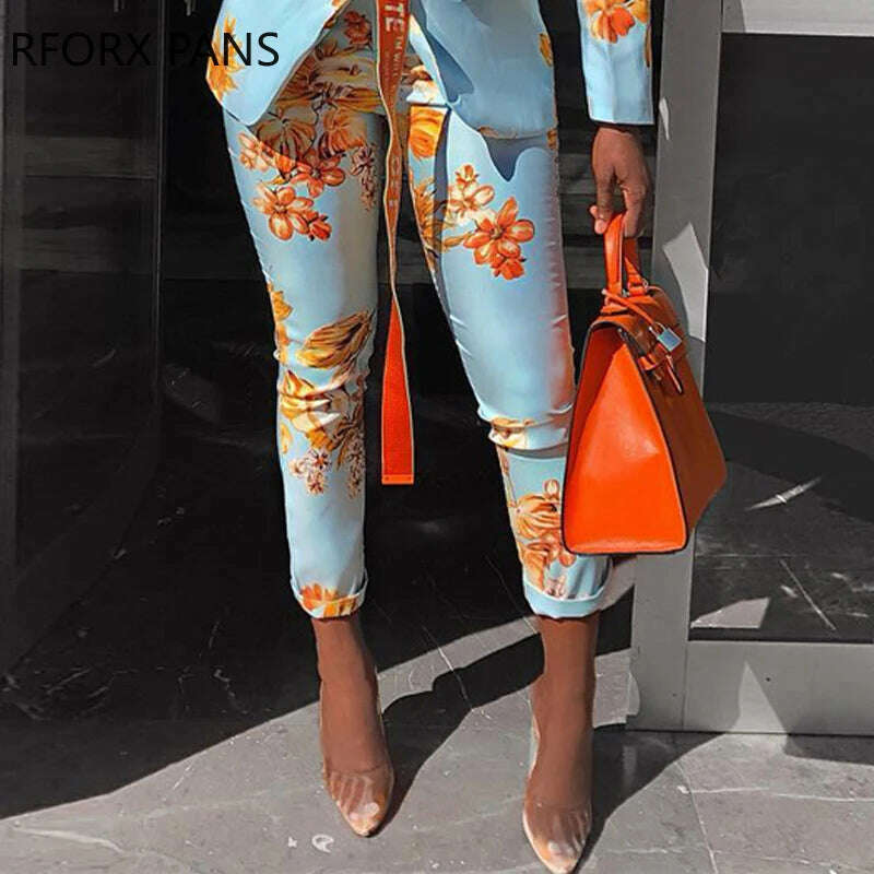 KIMLUD, Women Chic Elegant All over Print  Long Sleeve Sashes Ankle-Length Pants Spring Working Blazer Sets, KIMLUD Womens Clothes