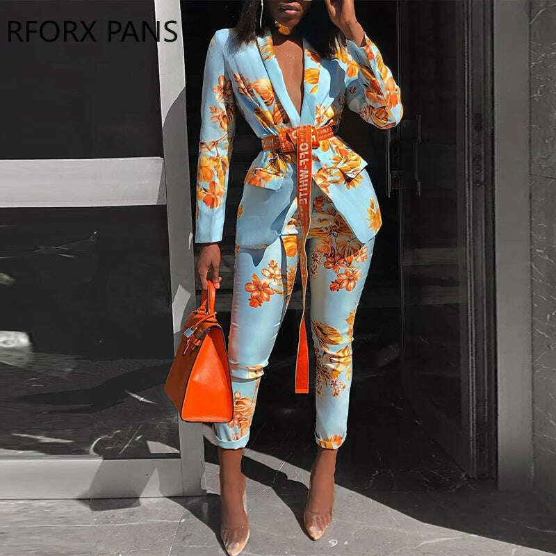 KIMLUD, Women Chic Elegant All over Print  Long Sleeve Sashes Ankle-Length Pants Spring Working Blazer Sets, KIMLUD Womens Clothes