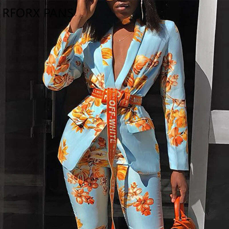 KIMLUD, Women Chic Elegant All over Print  Long Sleeve Sashes Ankle-Length Pants Spring Working Blazer Sets, KIMLUD Womens Clothes