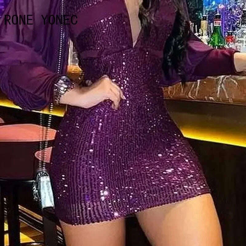 Women Chic Solid Sequins Sexy Deep V Neck Long Lantern Sleeves Patchwork Mini Bodycon Party Dresses - KIMLUD