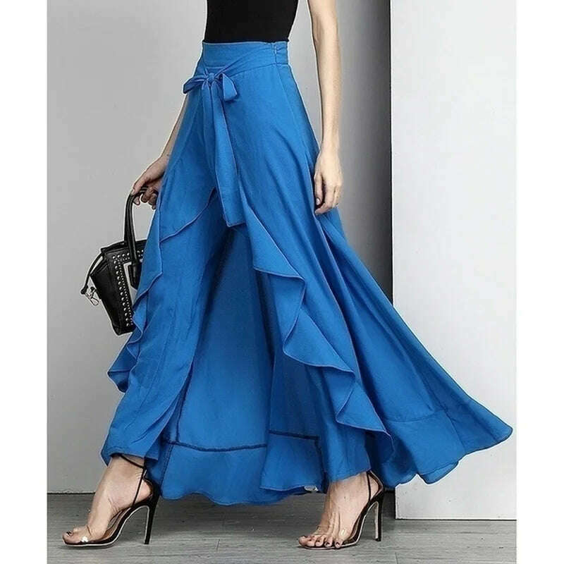 KIMLUD, Women Chiffon Knot Tie Waist Ruffle  Pants Pure Color Long Skirts Style Elegant Wide Leg Pants, bule / S, KIMLUD APPAREL - Womens Clothes